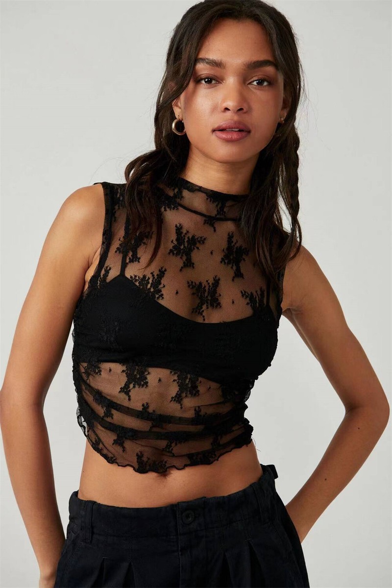 Women Sleeveless See Through Lace Mesh Crop Top Mock Neck Sheer