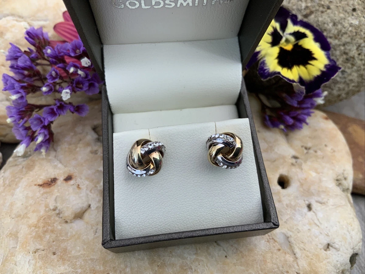 9ct Gold Bonded Sterling 925 Silver Knot Earrings With White