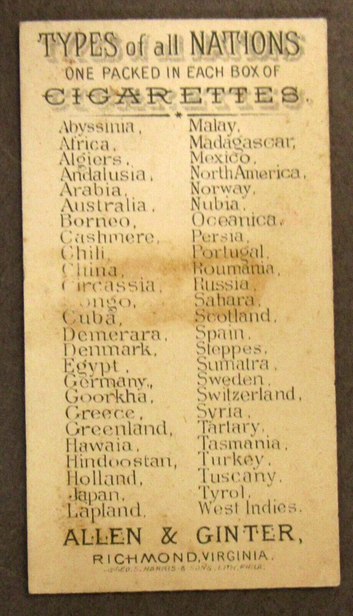 1889 N24 Types of All Nations MALAY Allen & Ginter Tobacco Card | eBay