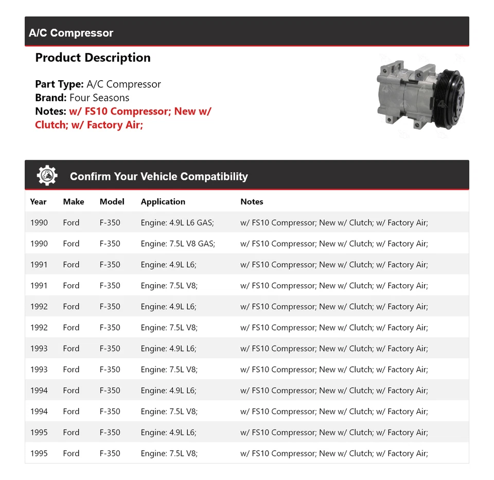 Компрессор кондиционера для 1990-1995 Ford F-350 4 сезона 1991 1992 1993 1994 - Изображение 2 из 4