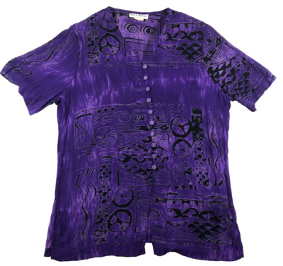 VTG Sharon Anthony Womens Top Sz 16W Purple Geometric V-Neck Shoulder Pads NWT
