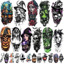 77 Sheets Witch Temporary Tattoos Women Men Adults, Skeleton Death Skull Pointed