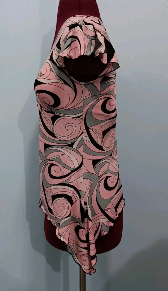 Y2K Micro Mesh Pink And Black Flutter Sleeve Babydoll Top Asymmetrical Hem Sz S - Image 2 of 4