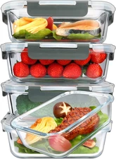 Glass Meal Containers w/ Snap Locking Lids Airtight 5 Pack 36oz 4.5 Cup Gray