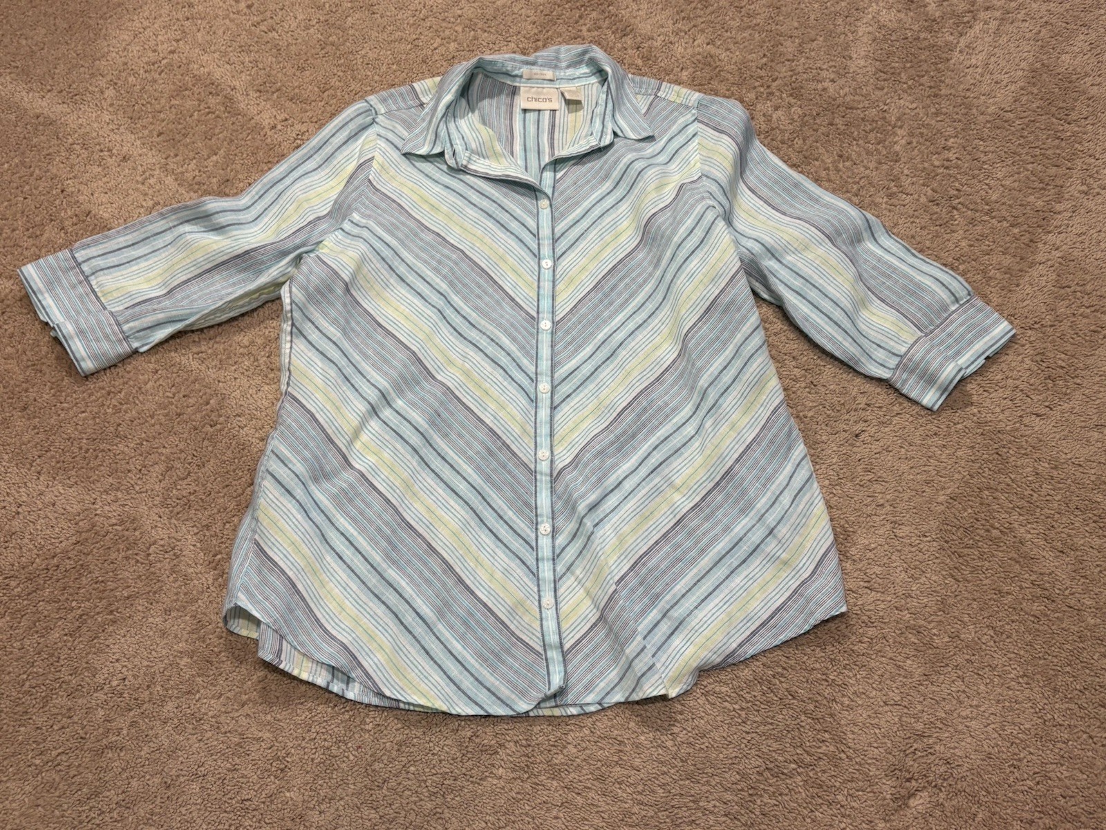 Chico's Womens Shirt Size 2 Multicolor Striped Linen No Iron Classic Button Down