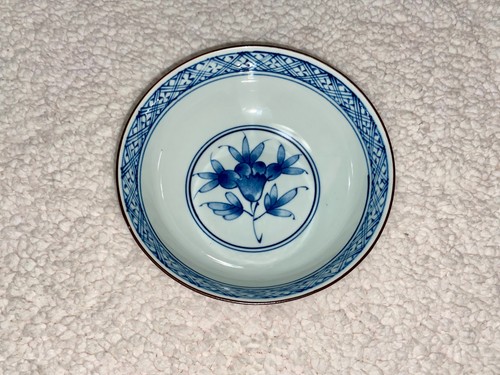 Vintage Japanese Porcelain Footed Bowl with Red Flowers and Green Leaves