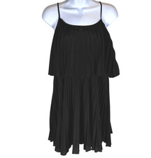 Black Pleated Chiffon Mini Dress Sz L Tiered Spaghetti Strap Party Cocktail Chic