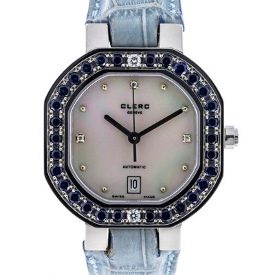 Clerc Geneve Watch w/ Blue Sapphires 31mm Stainless Steel