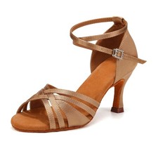 YCALCP Women Latin Dance Shoes Open Toe Satin Professional 6.5, Light Brown
