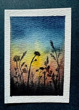 ACEO Original Art Card Watercolor Painting landscape sunset sky  2.5 x 3.5