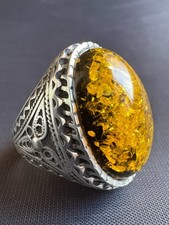Vintage Silver Ring Large Baltic Amber Stone Ring Handcrafted Ring Size 8 US
