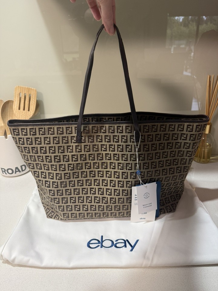 Authentic Fendi Zucchino Canvas Leather Brown Tote Bag With Dust Bag Neverfull