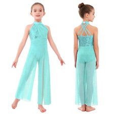 Kids Lyrical Ballet Dance Jumpsuit Sequins Ruched Sleeveless Wide-Leg Leotard