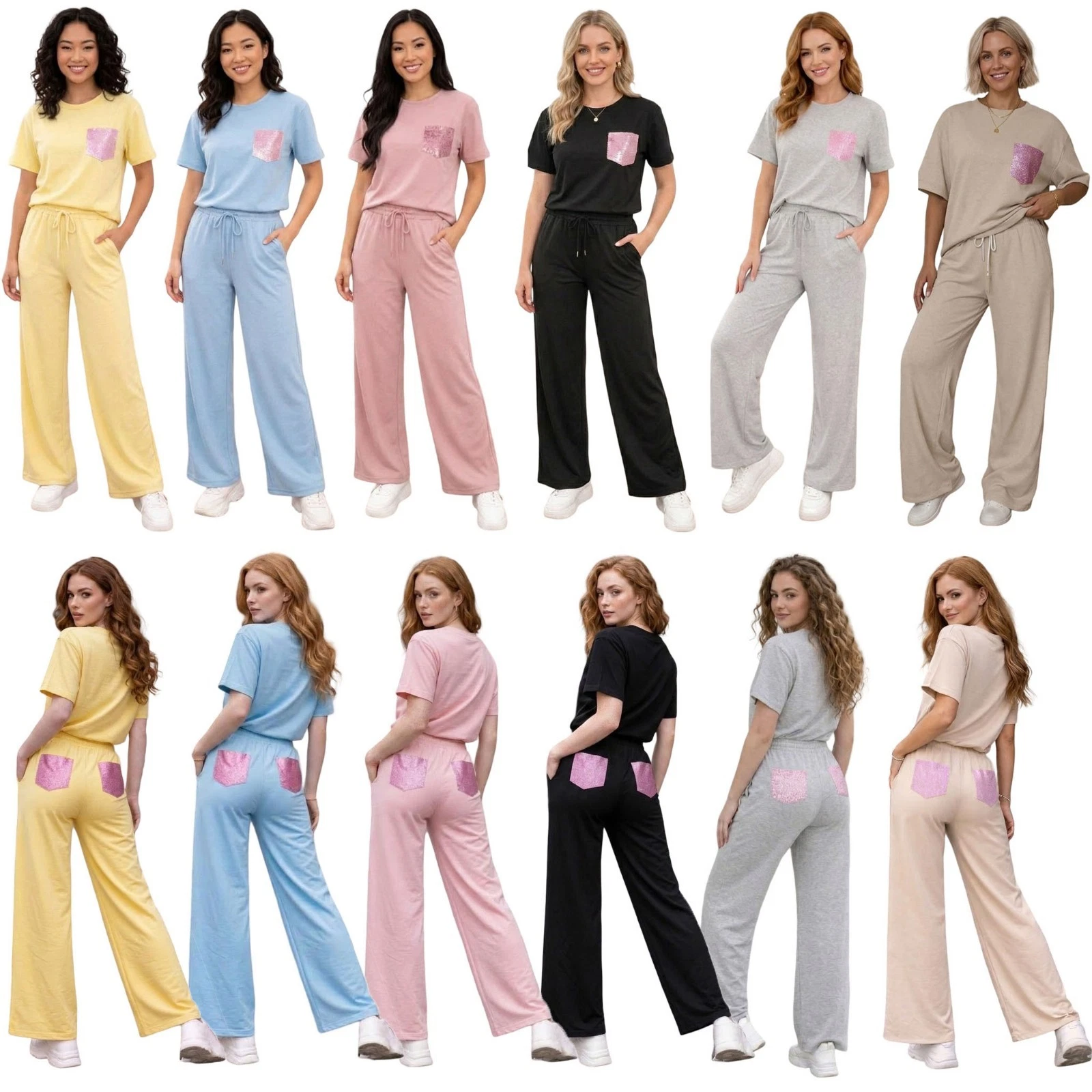 Womens Short Sleeve Tee Top & Wide Leg Trouser With Glitter Pocket Co ord Outfit
Opens in a new wind