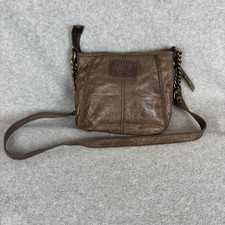 Vintage Fossil Crossbody Bag Brown Leather Brass Details Top Zip Logo Tags