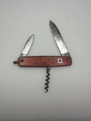 Vtg PRADEL Scout Folding 6 Multiple Functions Pocket Knife Red Scales Nice