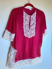 Vintage Erica Loren Silky Nylon Night Shirt M Red And White Lace Glam