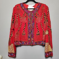 Vintage Laurence Kazar Silk Beaded Size Large Jacket Red Red Tassel Ornate Tags