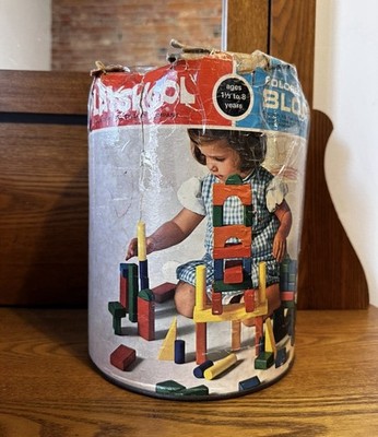 1970s Vintage Playskool Wooden Block Set (62 Pieces) w Storage Can