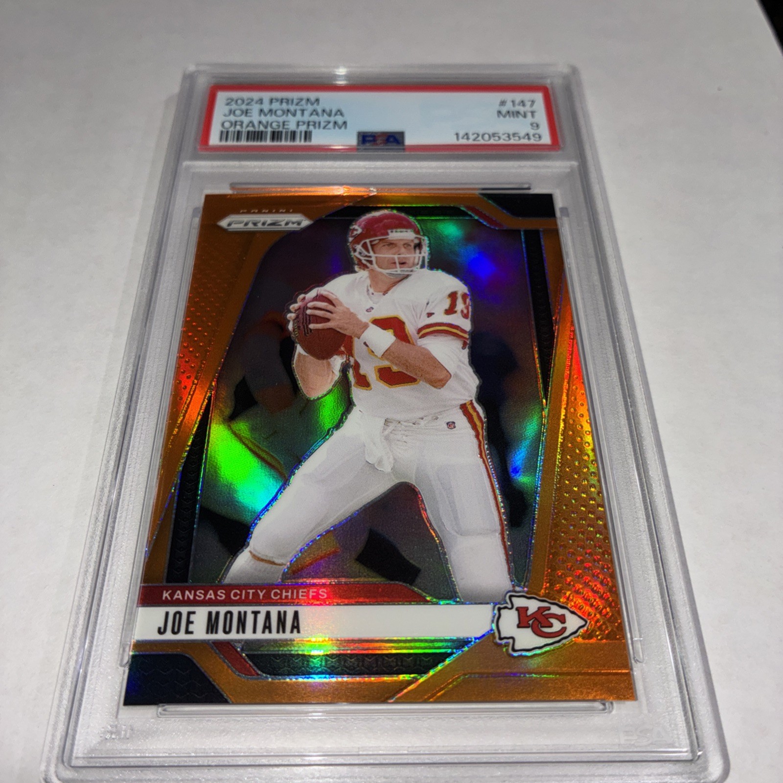 JOE MONTANA 49ERS CHIEFS NFL PRIZM ORANGE PARALLEL SP #/249 PSA 9 MINT 2024 view 9