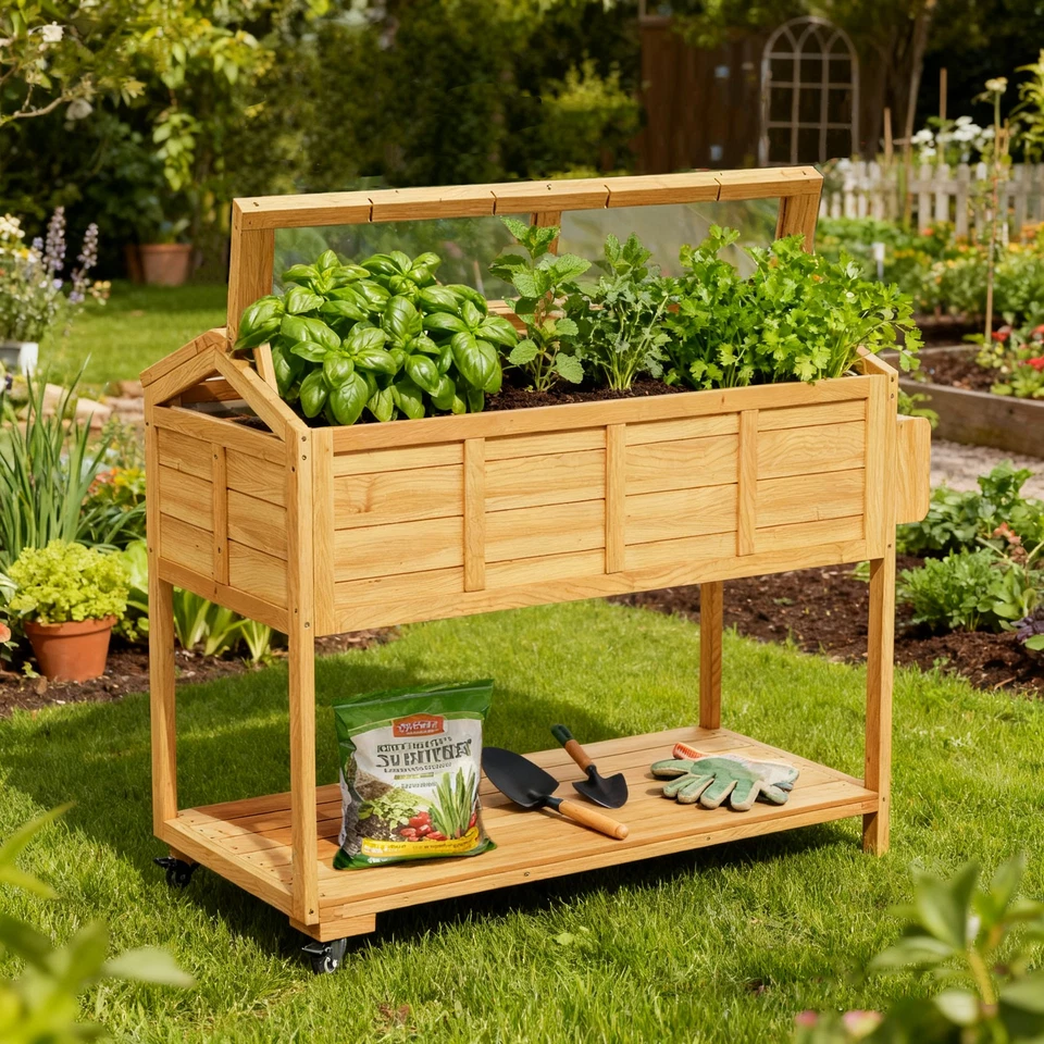  Raised Garden Bed with Wheels - Wooden Planter Box with Cover & Storage Shelves - Image 4 of 4