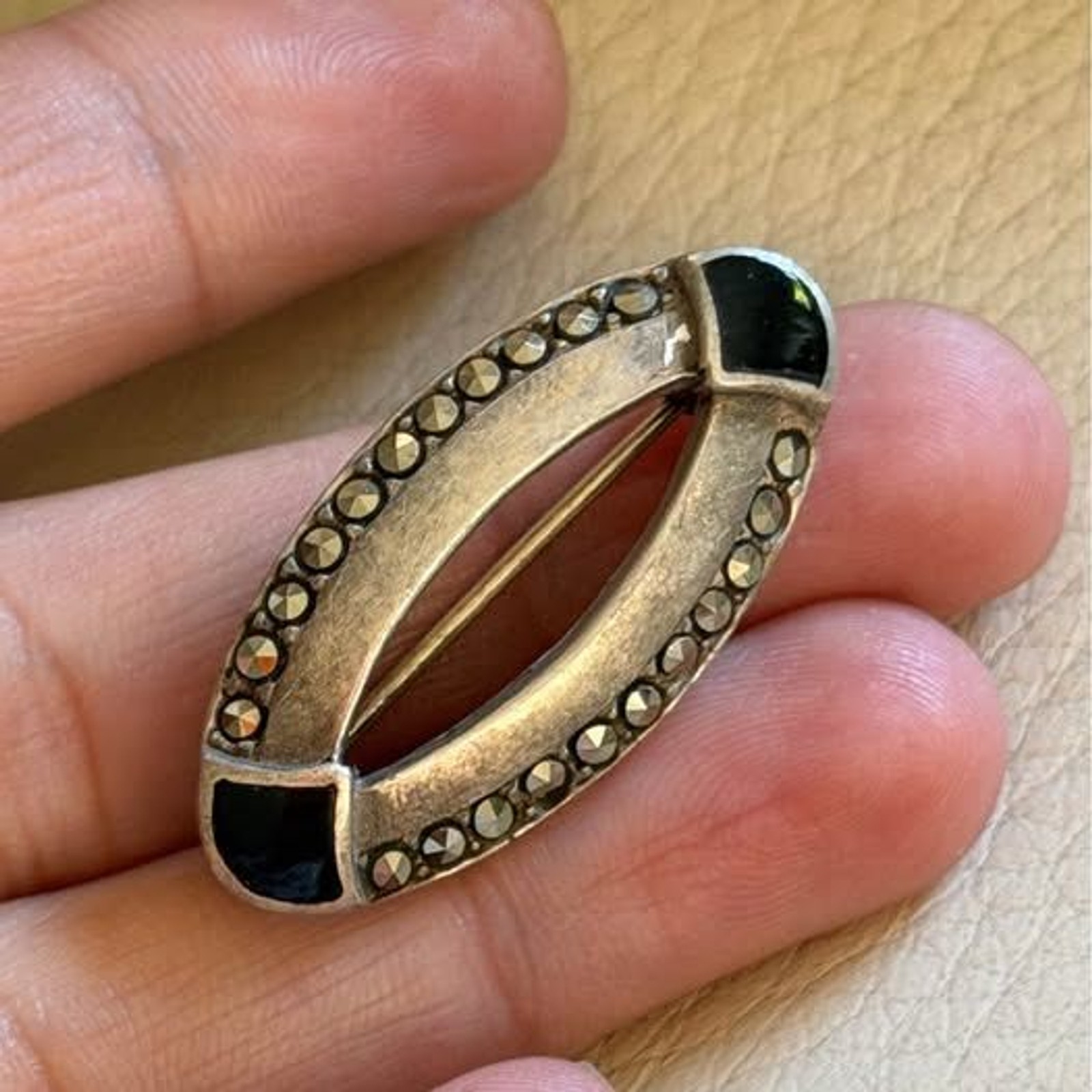 Antique Sterling Onyx and Marcasite Brooch Pin