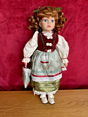 Vintage Porzellan Puppe Ringel mit passender Tasche 16 Zoll blaue Augen