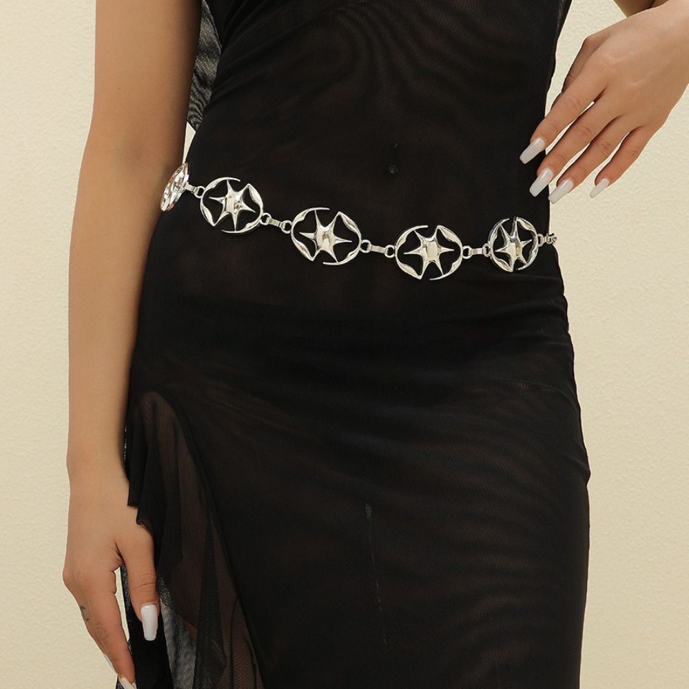 Silver Metal Chain Belt Hexagonal Shape Dress Waist Chain Stars