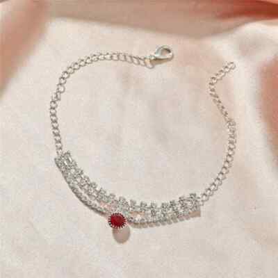 14K White Gold Plated Women's B'Day Gift Lab Created Red Ruby Adjustable Anklet