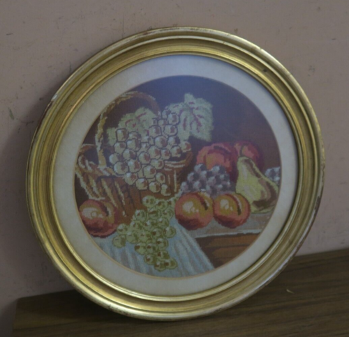 Vintage European Micro Petit Point Tapestry Needlepoint Framed 8" Fruit Table - Picture 1 of 8