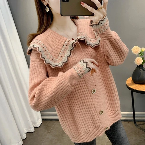 Long Sleeve Lapel Neck Collar Sweater Women Short Jacket Short Knitwear - Bild 4 von 24