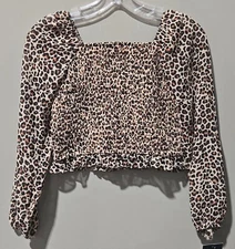 Art Class Brown & Leopard Print Smocked & Sheer Sleeve Chiffon Top - Size XL 14