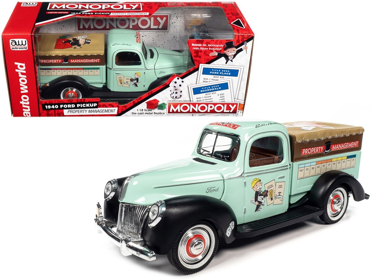 1940 FORD PICKUP LIGHT GREEN & MR MONOPOLY FIGURE 1/18 MODEL AUTO WORLD AWSS138