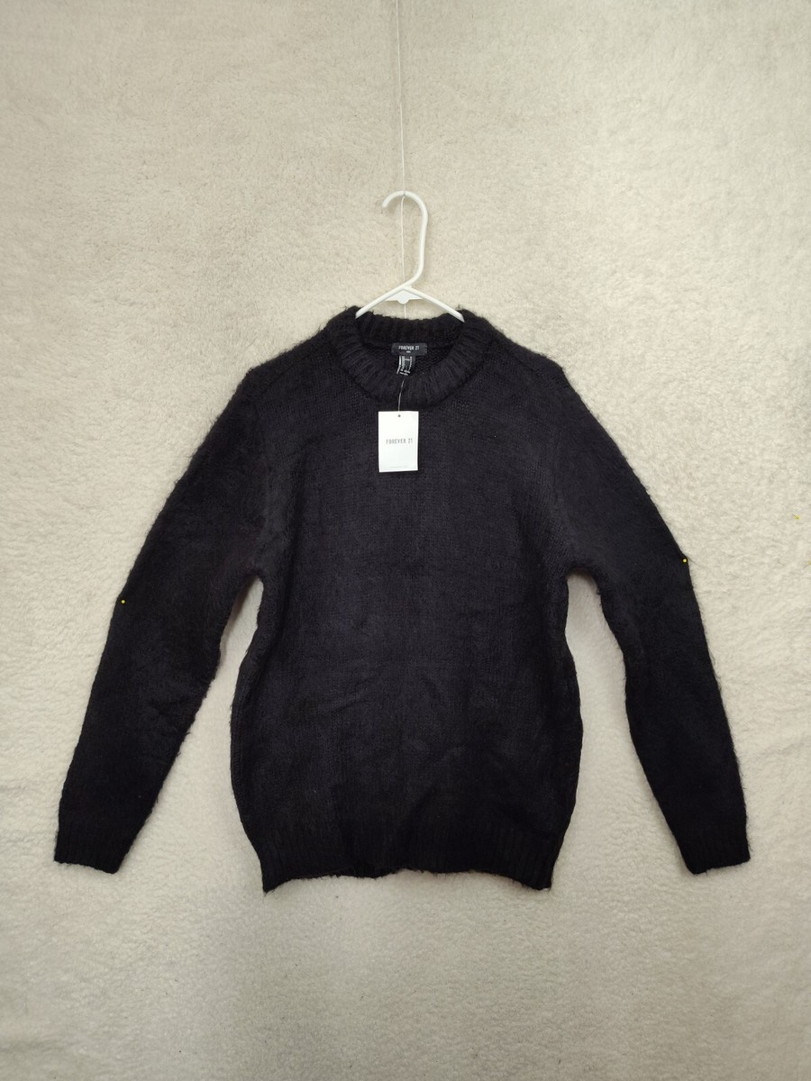 Forever 21 Men Sweater Small Black Fuzzy Acrylic Blend Long Sleeve Pullover