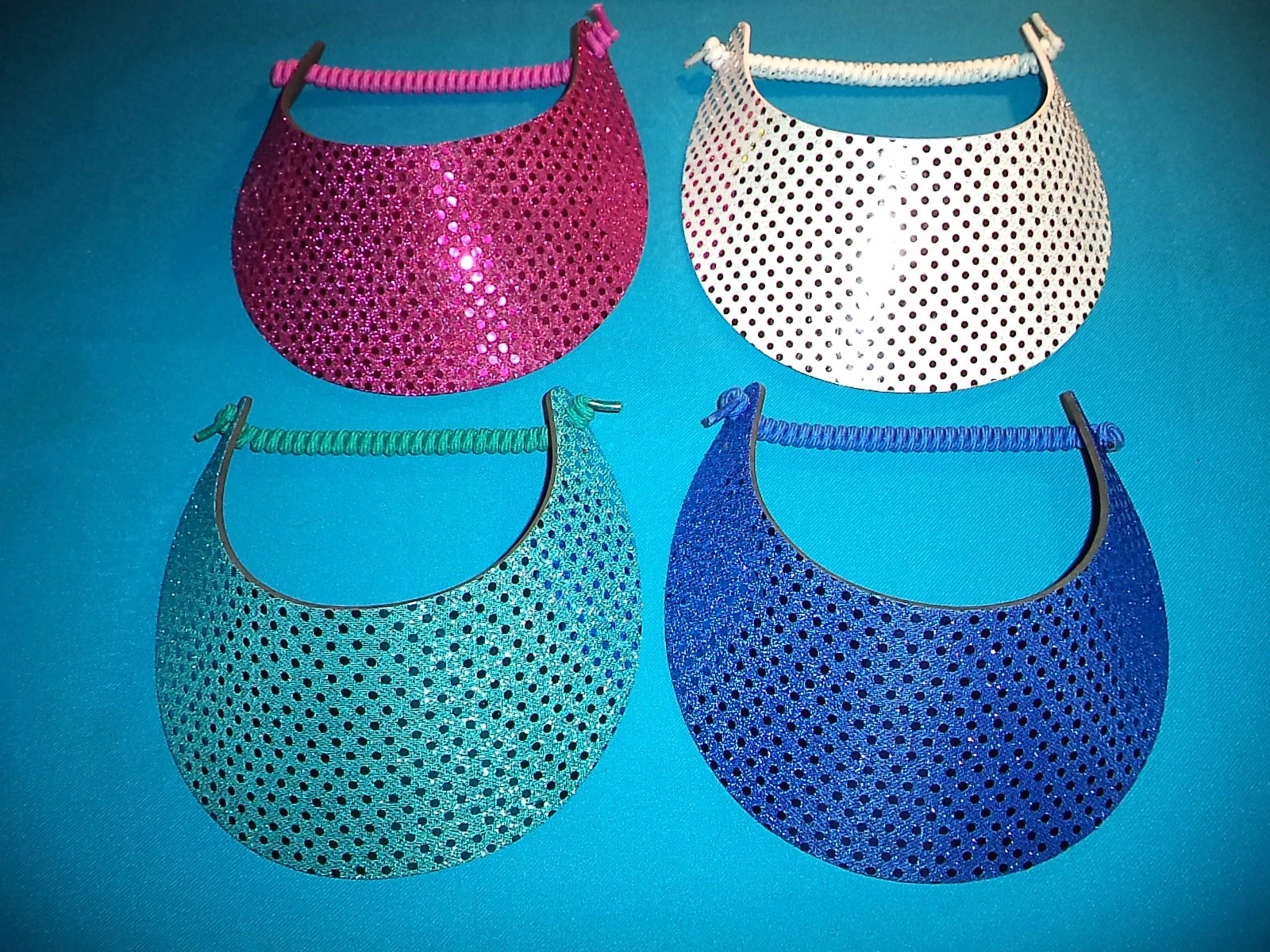 Sparkly Sequin Women No Pinch Foam Sun Visor Hats, 4-Pack, Pink Teal White Blue
