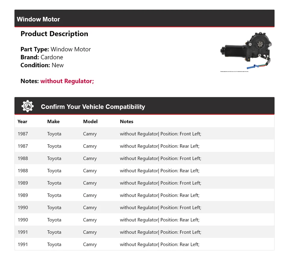 Para Toyota Camry 1987-1991 ventana motor cardone 1988 1989 1990 Foto 2 de 4