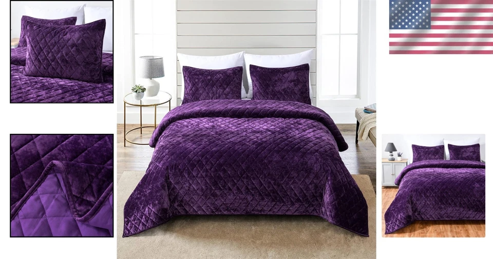Modern All-Season 3-Piece Quilt Set with Diamond Quilting - Purple King Size - Image 2 of 4