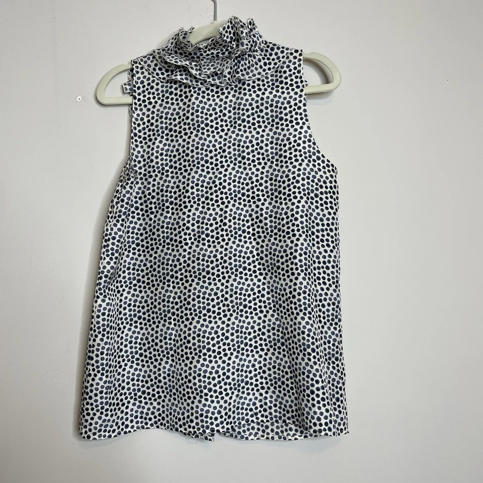 J. Blusa Top Crew Para Mujer Seda Volantes Cuello Estampado de Lunares Azul Sin Mangas Talla 4 Foto 2 de 4