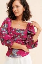 love the label Smocked Floral Top Size M Square Neck Smocked Cottagecore Boho