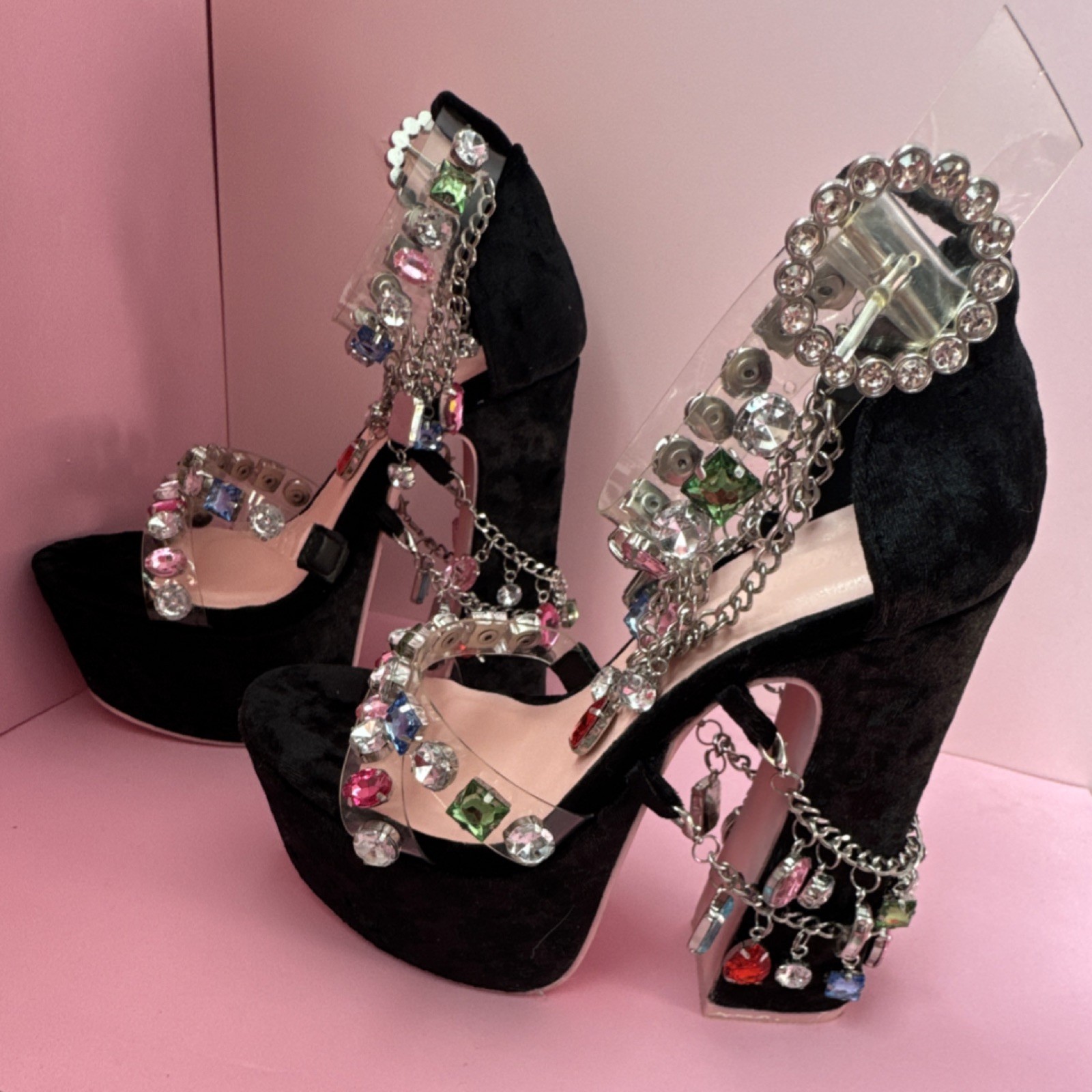 Black Multicolor Rhinestone Chain Platform Block … - image 1