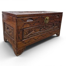 Oriental Camphor Wood Blanket Box Heavily Carved Storage Chest Trunk