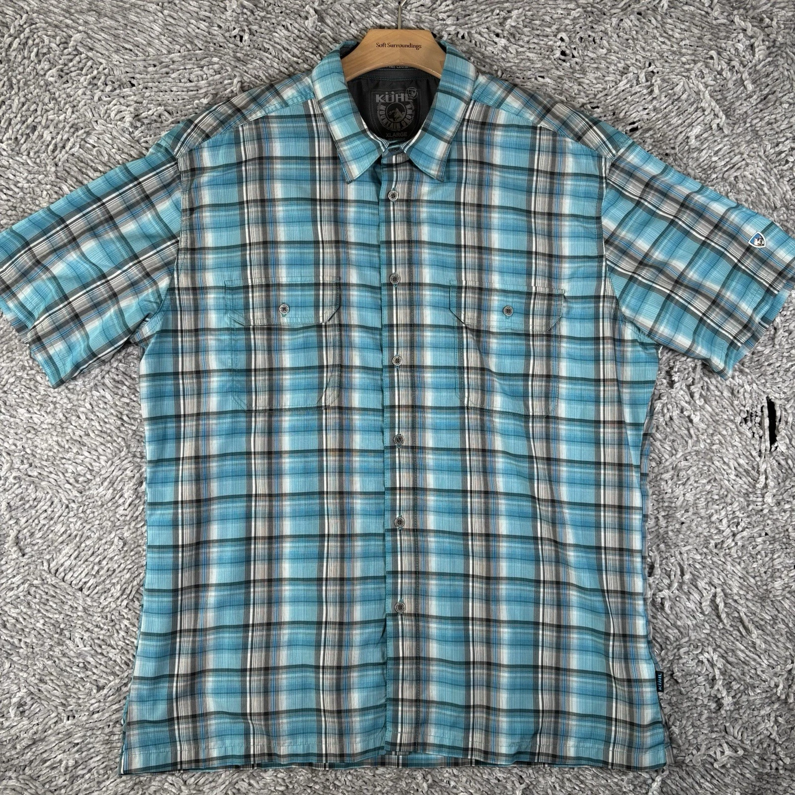 Kuhl Eluxur Shirt Men’s XL IONIK Blue Plaid Short Sleeve Workwear Hiking Golf