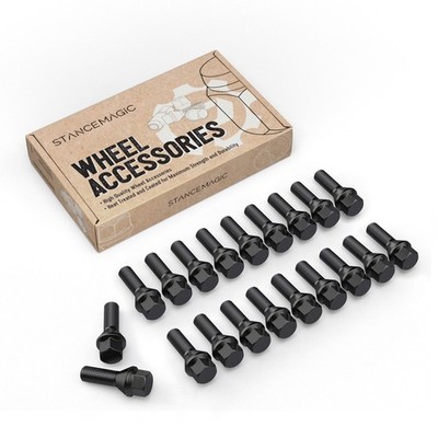 M14x1.5 Lug Bolts, Pack of 20, 27mm Shank Length, Cone Seat Taper, Black 14x1.5