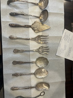 Victorian Engraved Floral Silver-Tone vintage Metal Serving Utensils Set 10pc