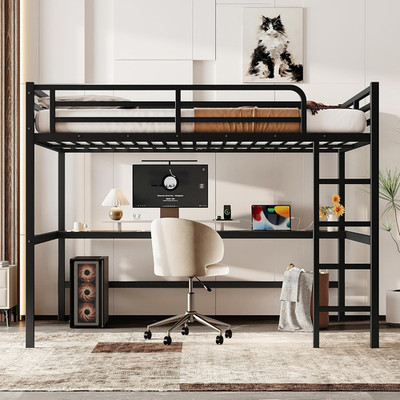Queen Metal Loft Bed with Desk & LED - Space-Saving for Teens & Small Spaces