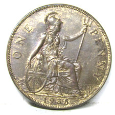 1935 One Penny Coin George V British - Excellent Grade With Lustre #323