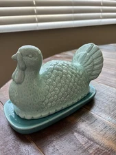 Bullseye Teal Blue Ceramic Turkey Butter Dish 2024 Fall/Thanksgiving Lid  