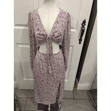 NWt PrettyLittleThing Floral Cut Out Tie Front Midi Dress Purple Long Sleeve-M