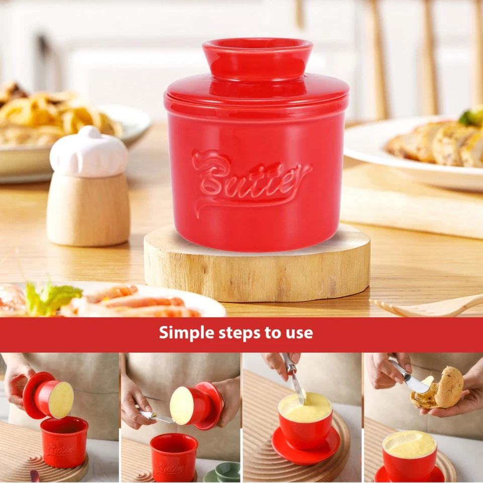 Keramik Butterdose Mit Buttermesser, Französische Butterdose Mit Deckel, DE - Bild 3 von 4