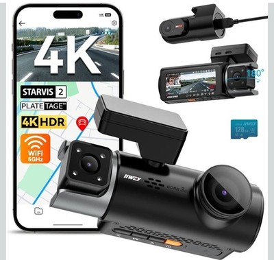 IIWEY 4K 3-Channel Dash Cam 128GB SD, GPS/WiFi/App, Voice Control, Loop, Full